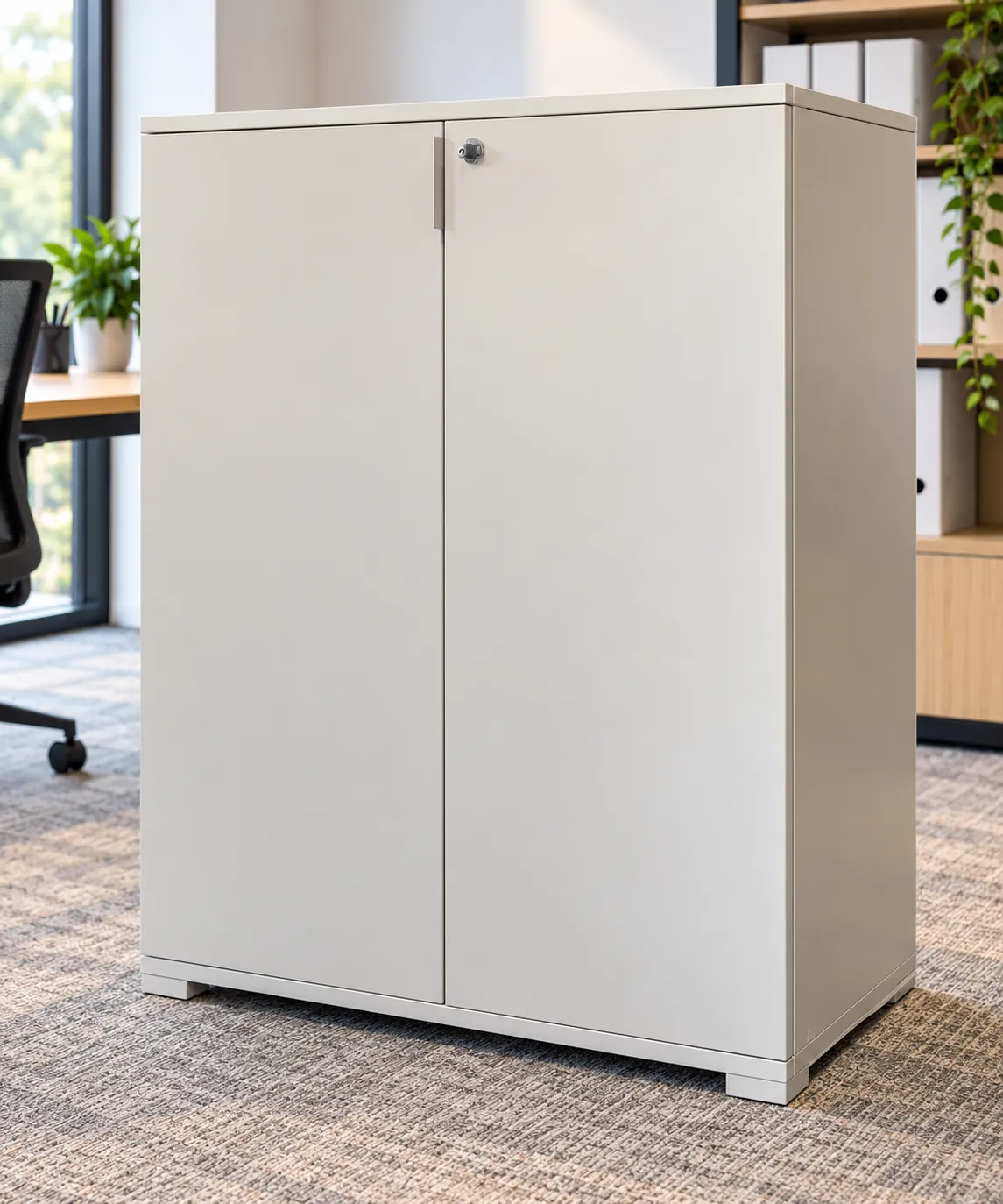 Armoire de bureau basse gris clair à portes battantes, 100 cm, illustration de mise en situation