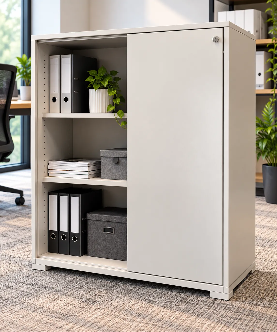 Armoire de bureau basse gris clair à portes coulissantes, 100 cm, illustration de mise en situation