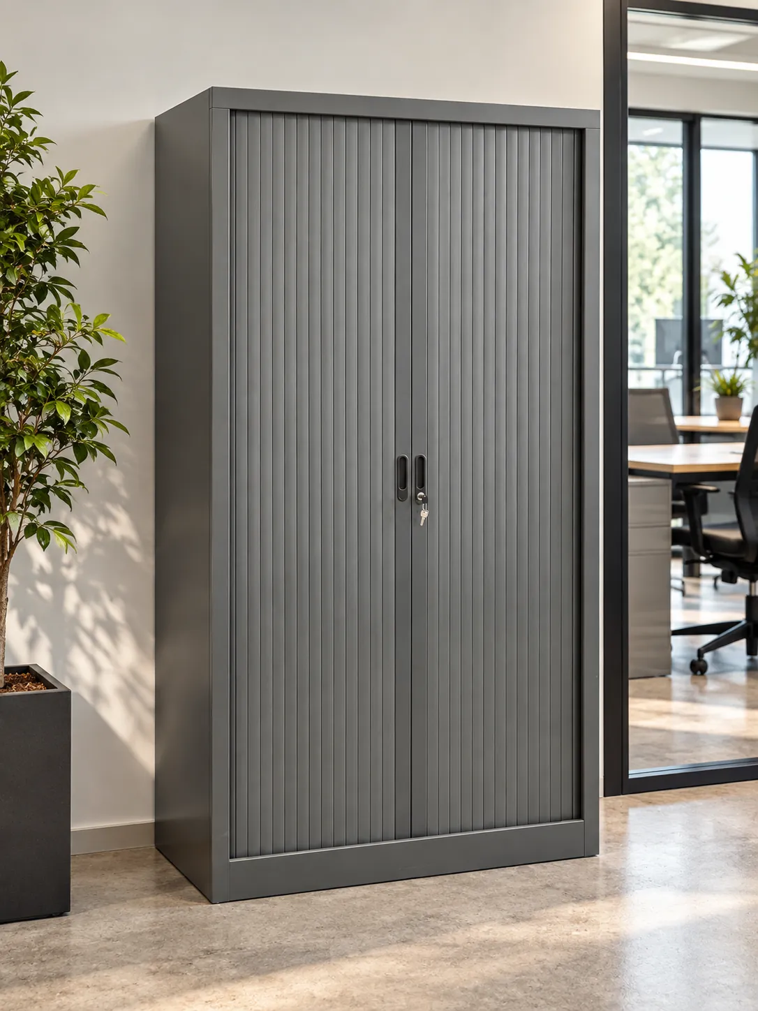 Armoire de bureau grise en plastique, taille moyenne, illustration de mise en situation