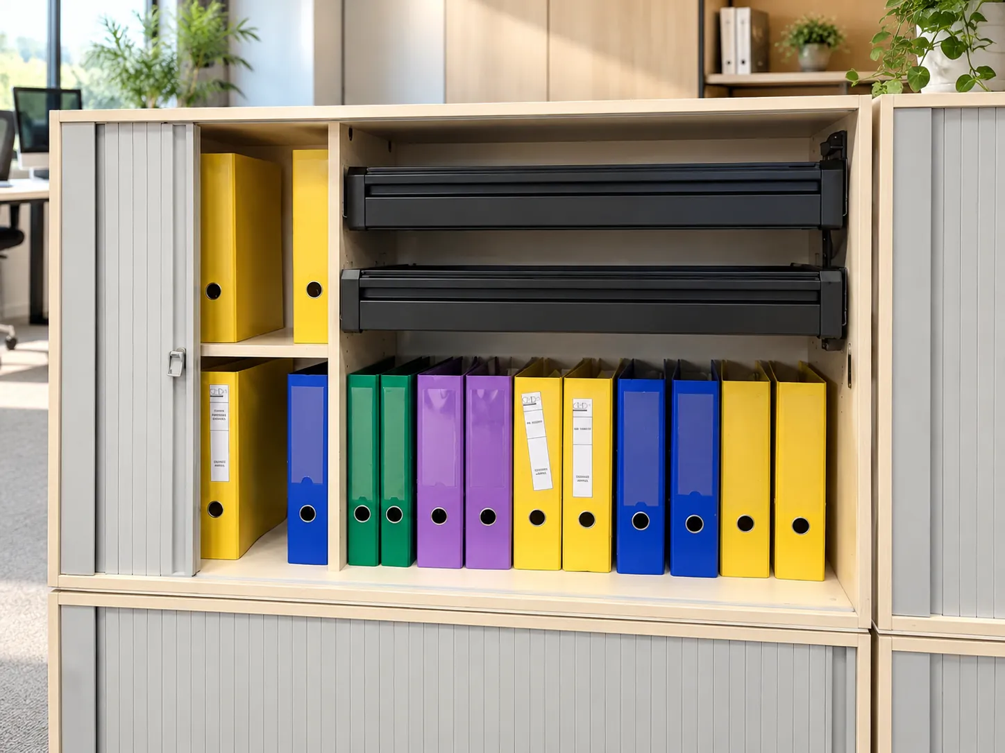 Armoire de rangement pour dossiers grise et bois, 120 cm, illustration de mise en situation
