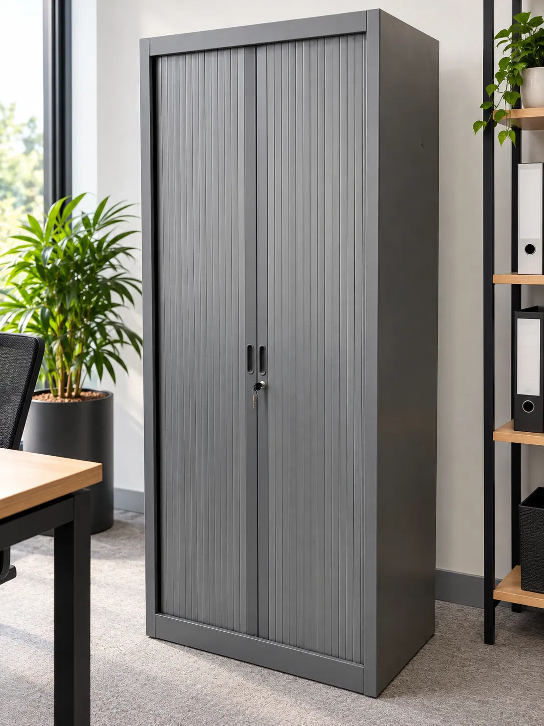 Armoire de rangement grise en plastique pour bureau, illustration de mise en situation