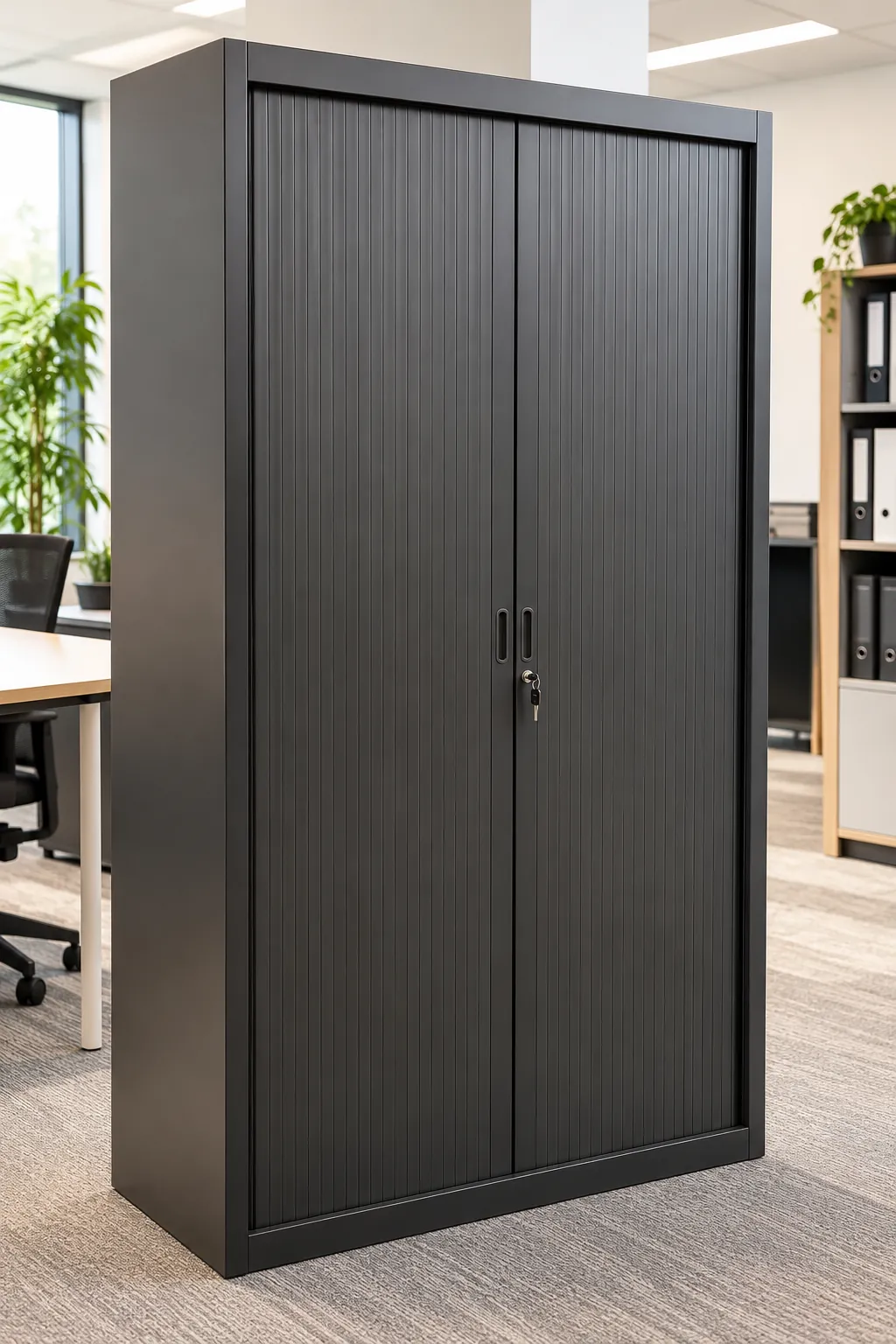 Armoire de rangement noire en plastique pour bureau, illustration de mise en situation