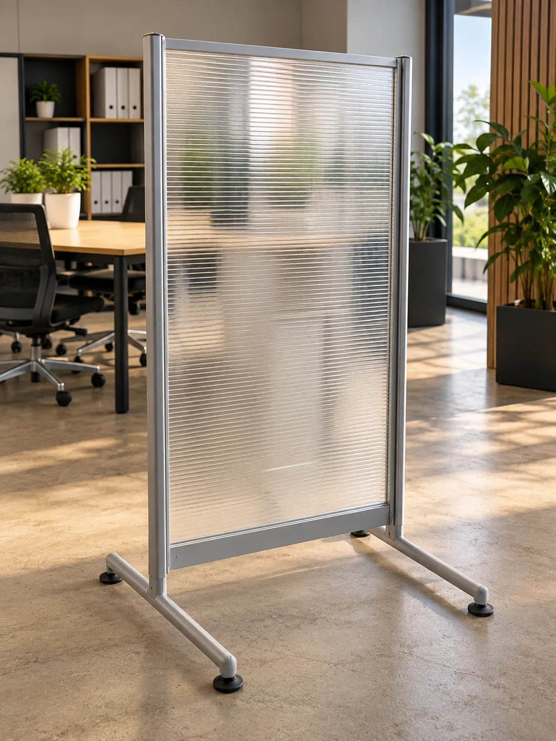 Brise vue de bureau grise, cloison de séparation pour poste de travail, illustration de mise en situation