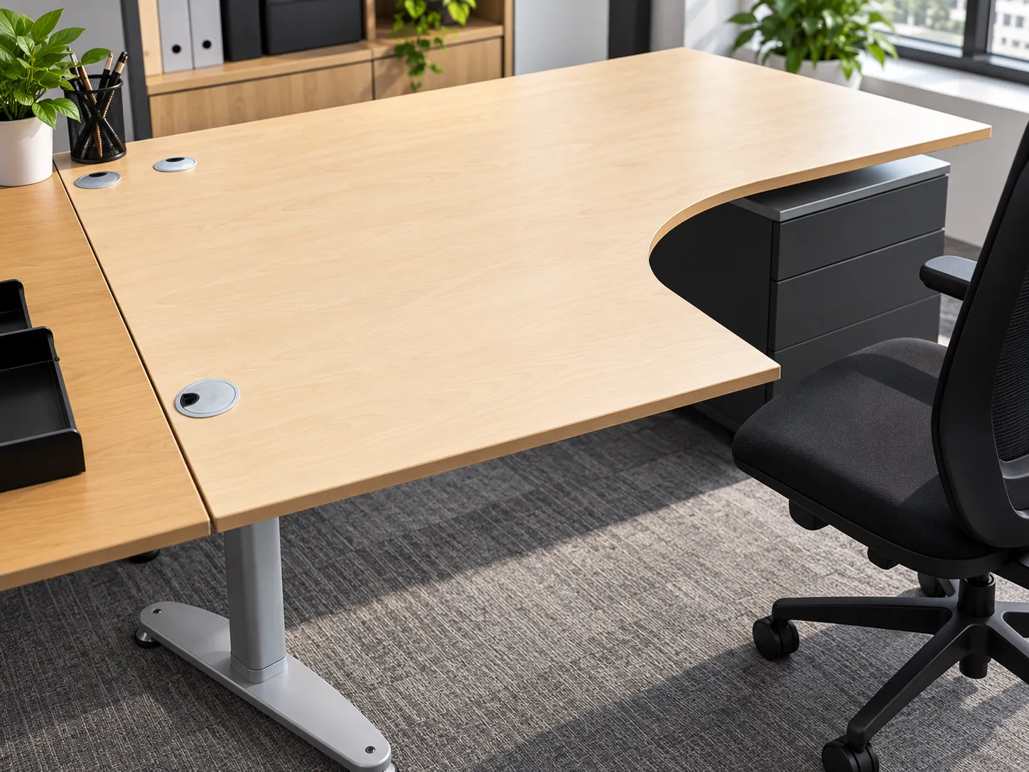 Bureau d'angle Kinnarps en bois clair et gris, 160 cm, illustration de mise en situation