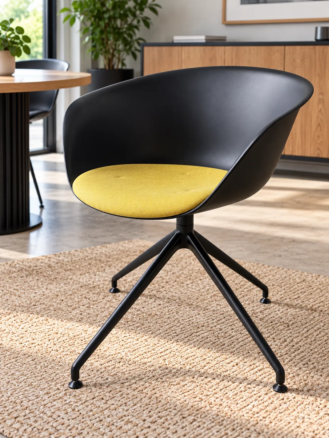 Chaise Arper noire à assise jaune en tissu, pour intérieur, illustration de mise en situation