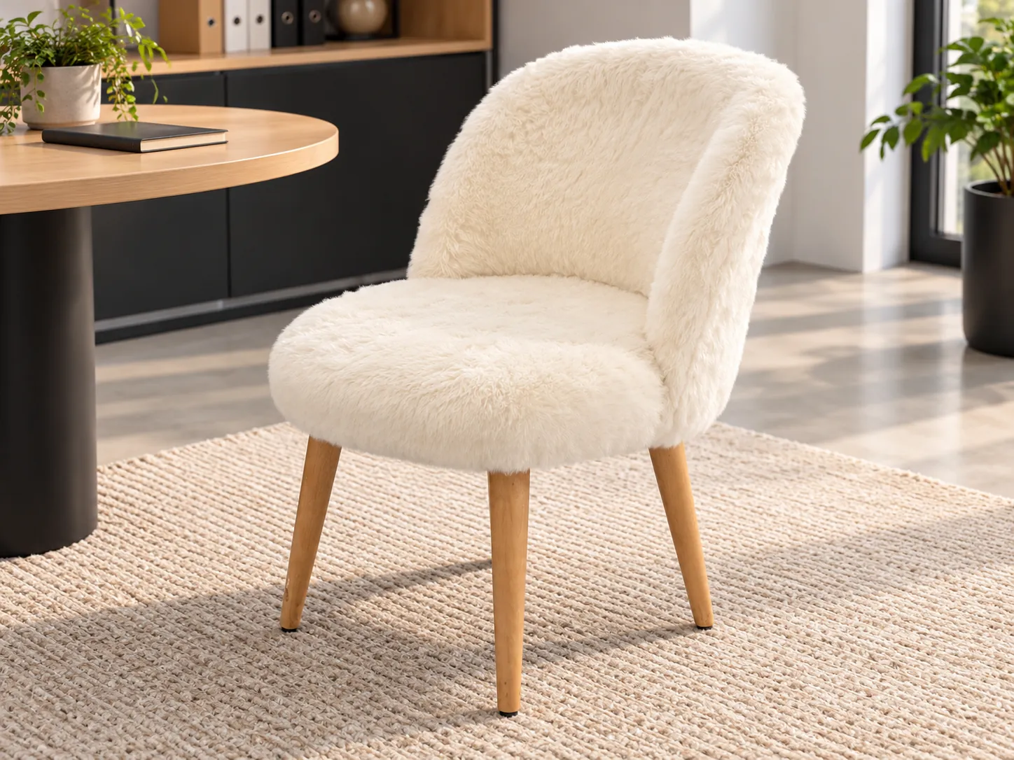 Chaise blanche en laine moumoute, style cosy et original, illustration de mise en situation