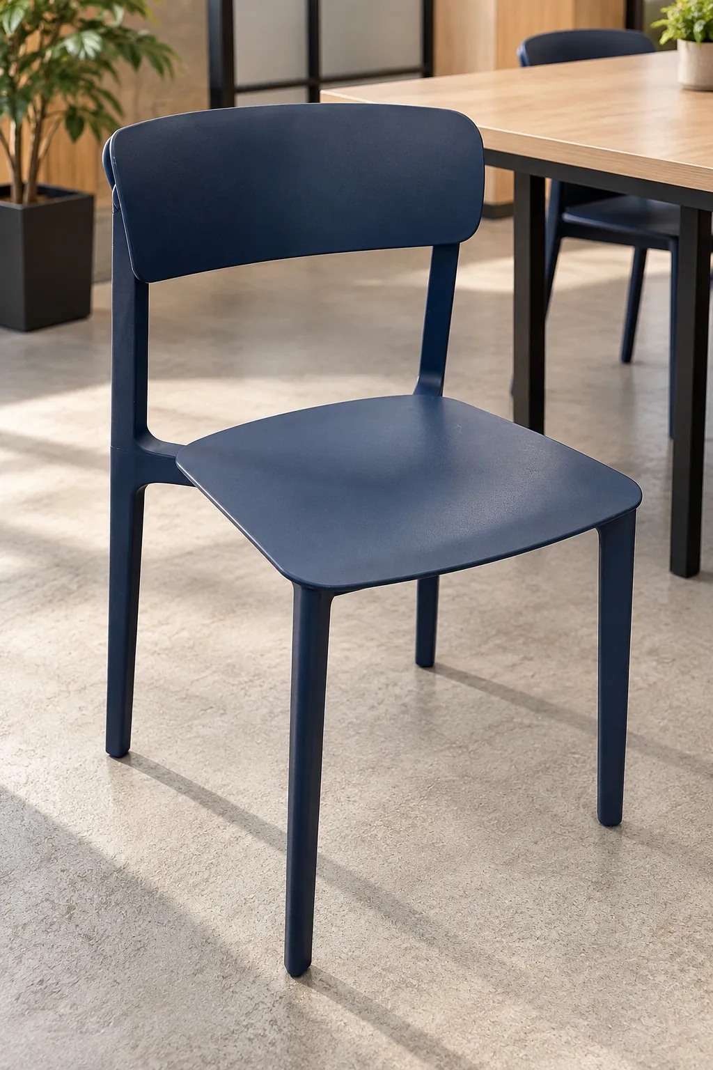 Chaise bleue en plastique empilable pour bureau ou cuisine, illustration de mise en situation