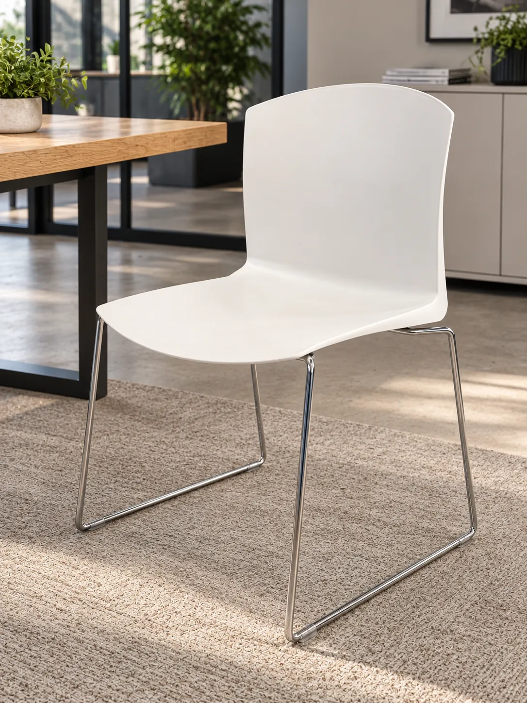 Chaise de bureau grise en plastique à pieds métal, illustration de mise en situation