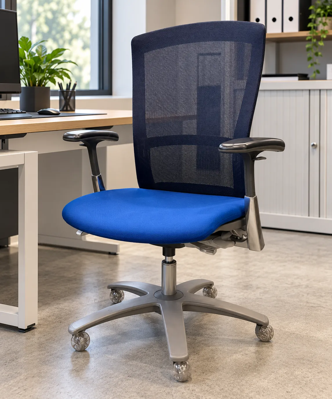 Chaise de bureau à roulettes Knoll Life Season 2 en tissu bleu, illustration de mise en situation