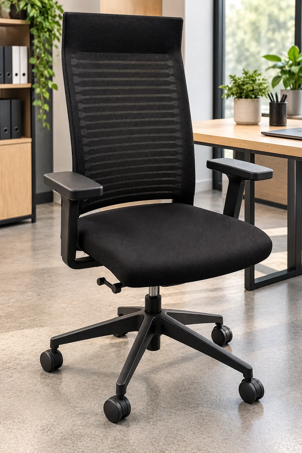 Chaise de bureau à roulettes noire en tissu, pieds plastique, illustration de mise en situation
