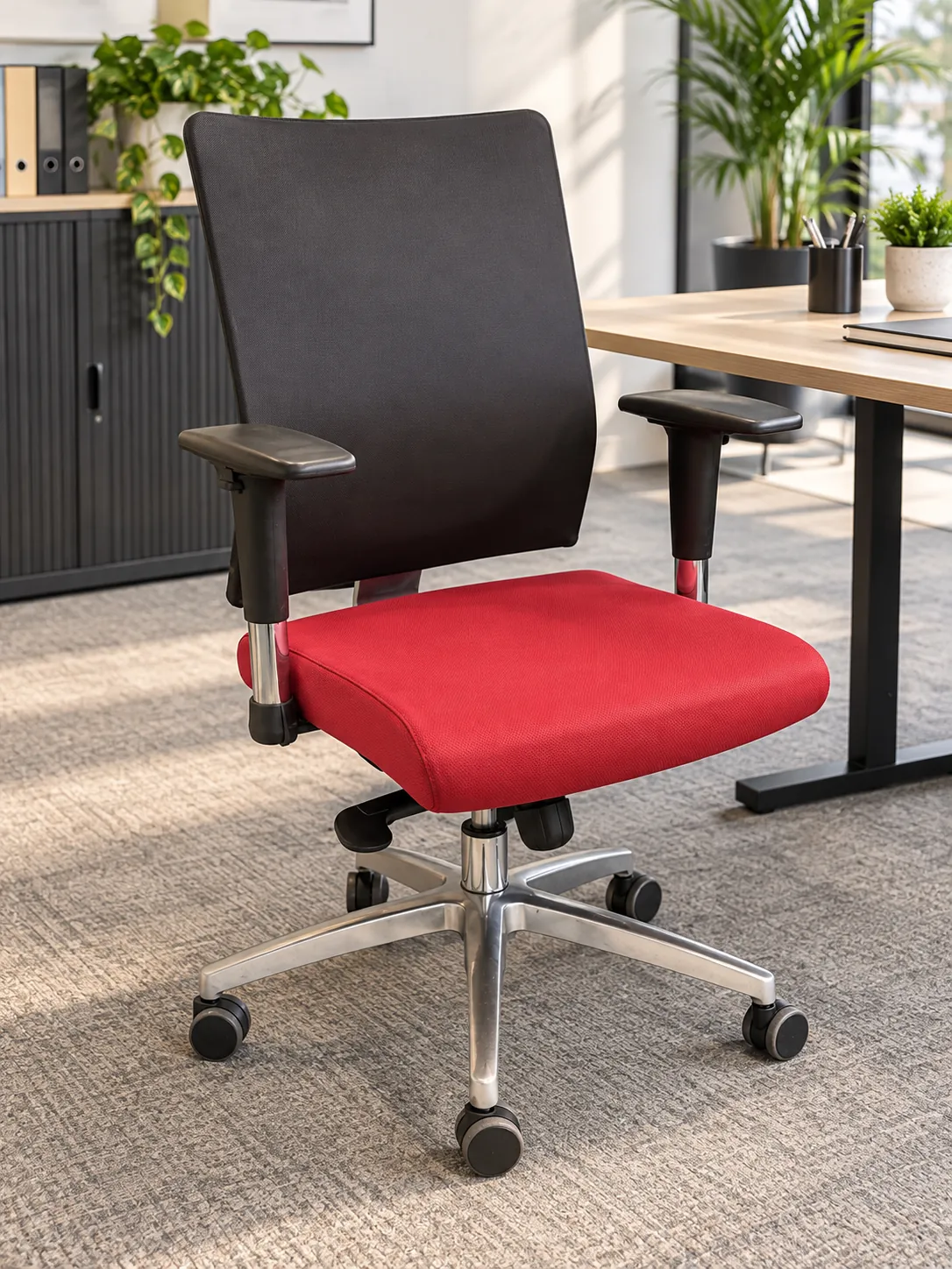 Chaise de bureau à roulettes rouge et noire en tissu, illustration de mise en situation