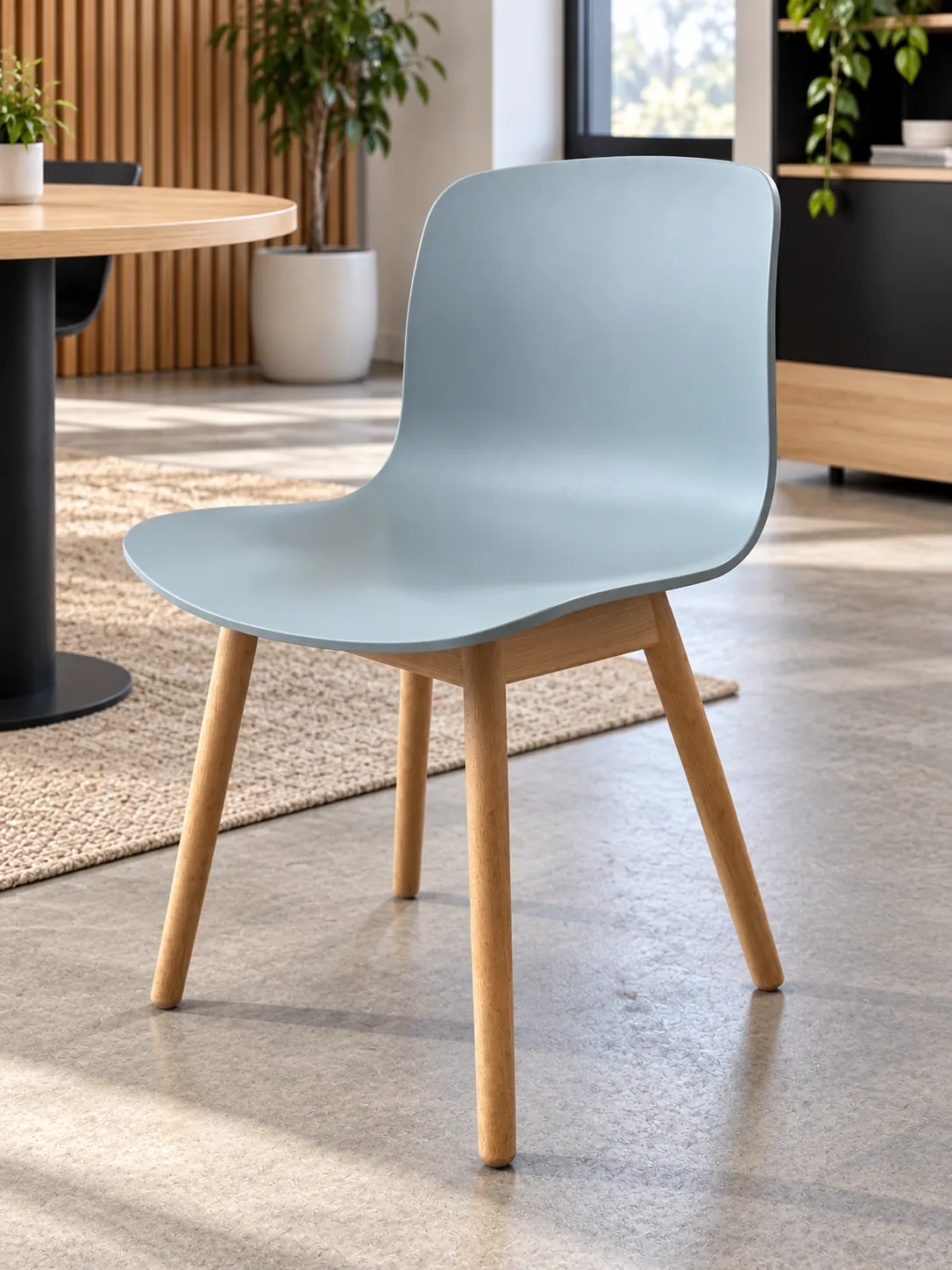Chaise Dusty bleu clair en plastique, pieds en bois, illustration de mise en situation