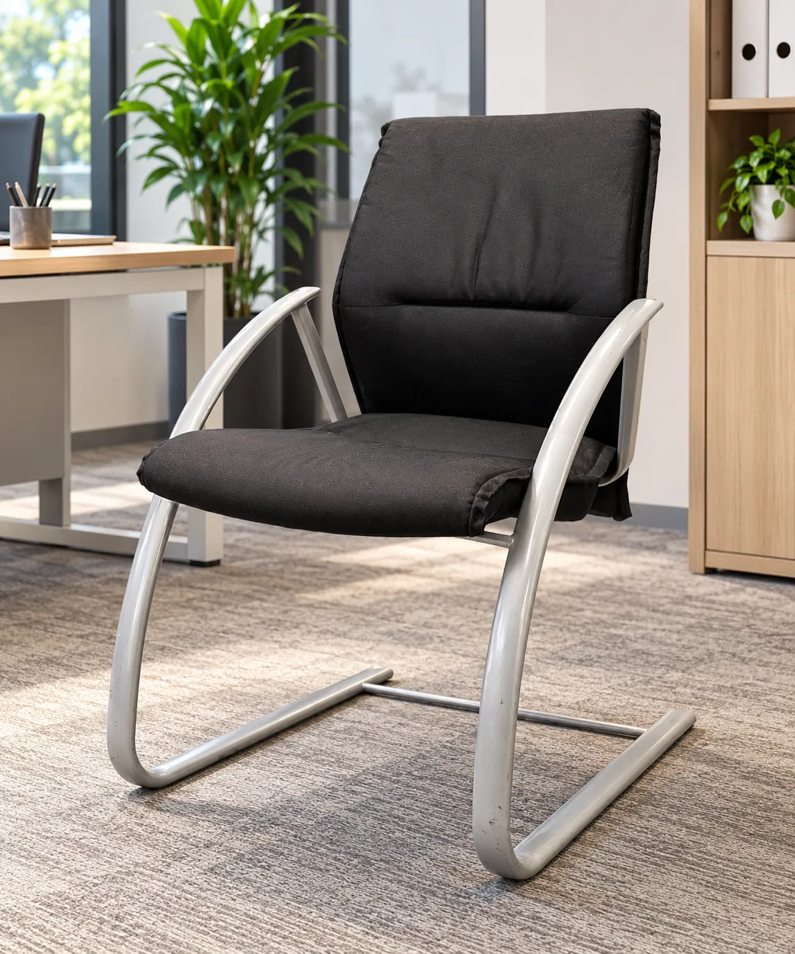 Chaise GOB noire en tissu, chaise d'appoint pour bureau ou réunion, illustration de mise en situation