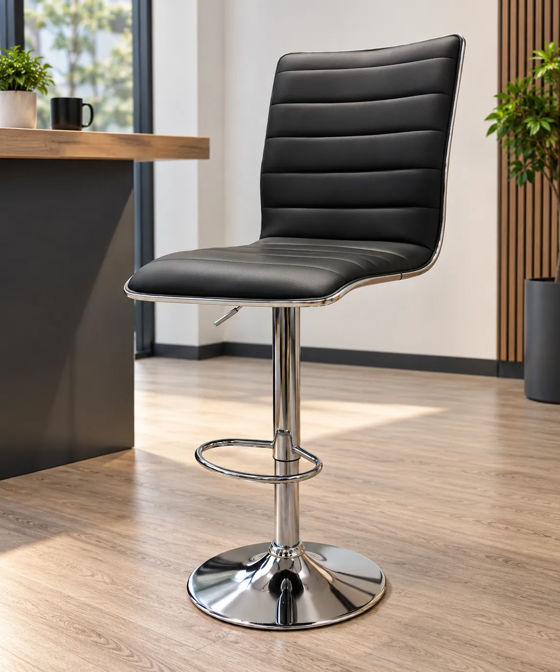 Chaise haute noire en simili cuir, chaise de bar pour cuisine ou îlot, illustration de mise en situation