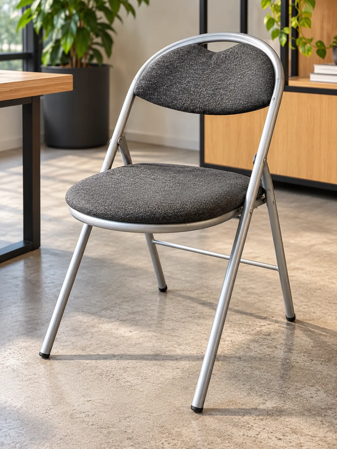Chaise pliante grise à assise en tissu, pour réunion ou réception, illustration de mise en situation