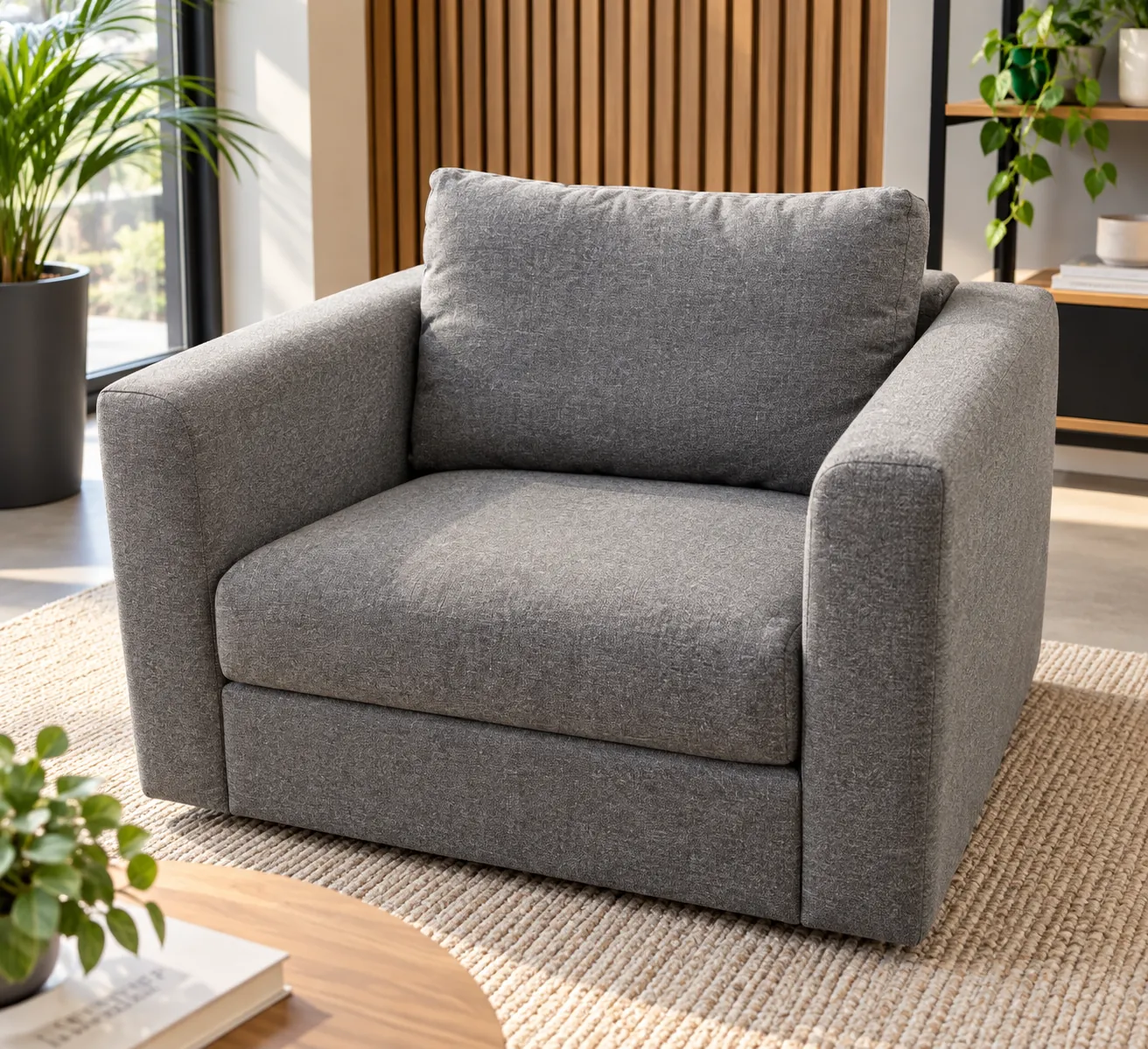 Fauteuil gris en tissu, siège d'appoint pour salon, illustration de mise en situation