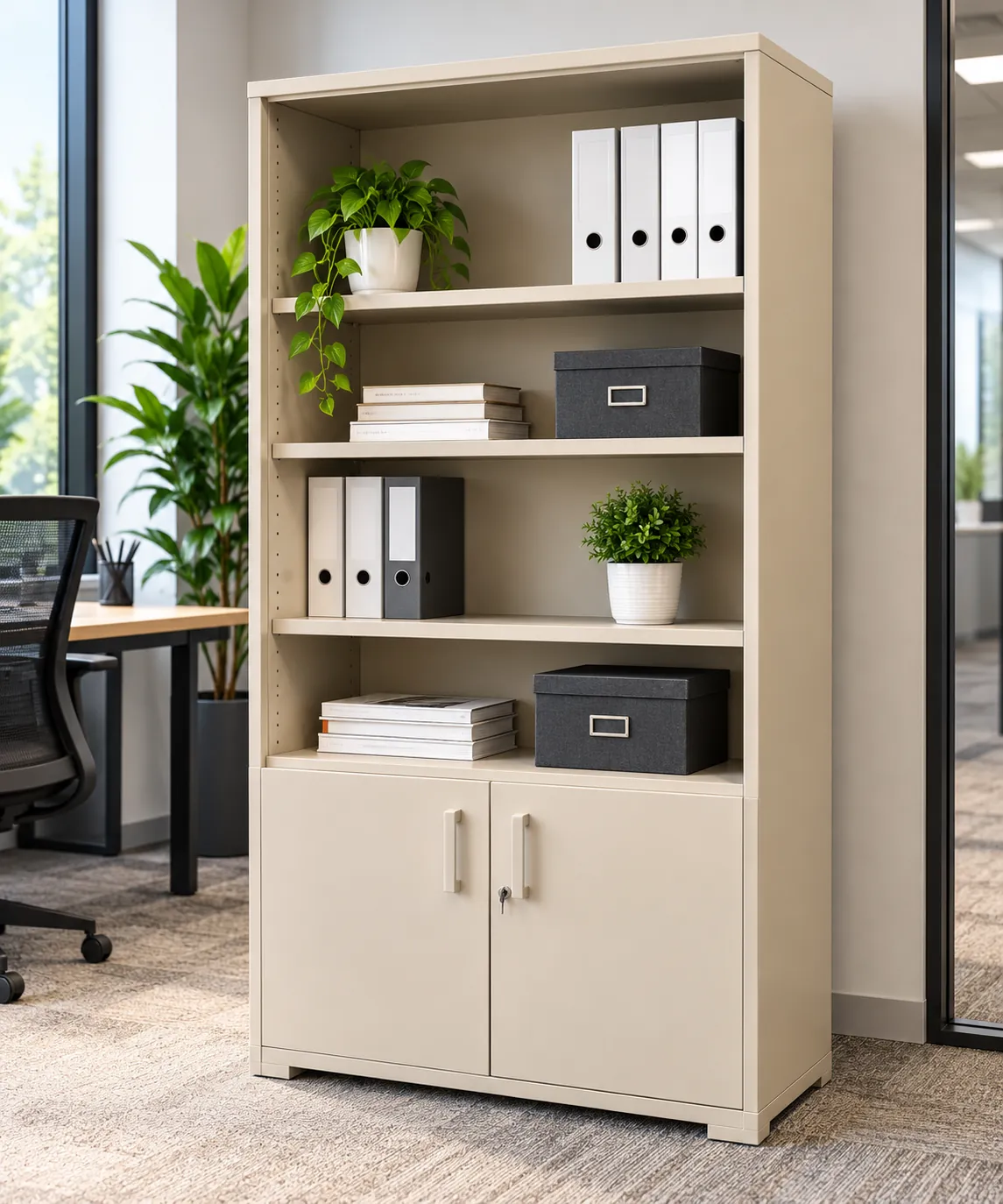 Grande armoire de bureau grise, portes en bas et étagères ouvertes en haut, illustration de mise en situation