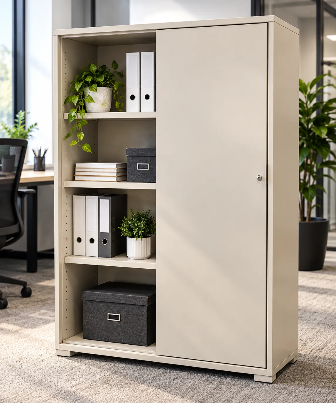 Grande armoire de bureau grise à portes coulissantes, 198 cm, illustration de mise en situation
