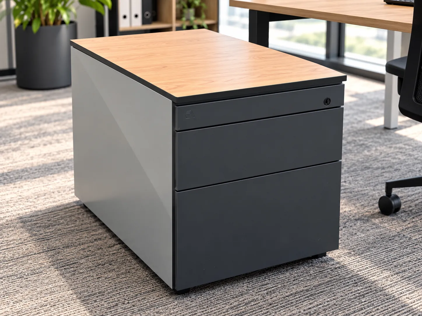 Meuble de rangement de bureau long sur roulettes, 79 cm, illustration de mise en situation