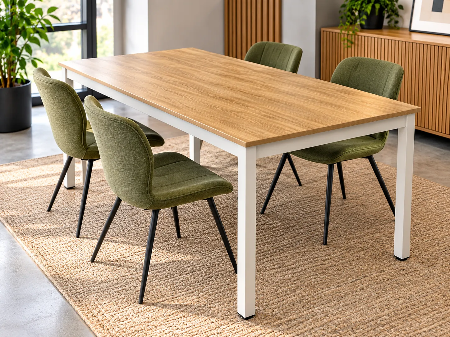 Petite table de bureau en bois marron avec pied blanc, illustration de mise en situation