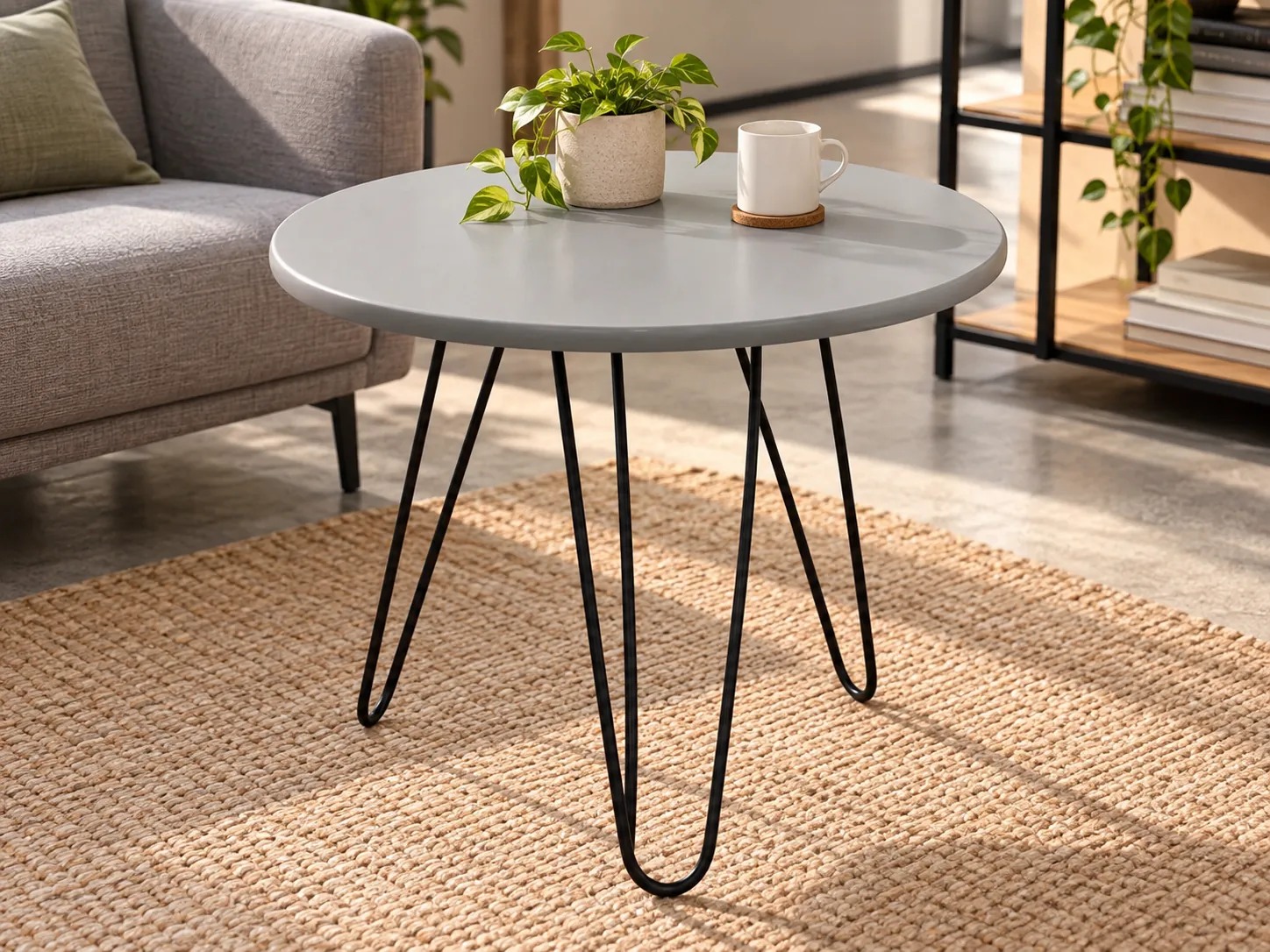 Petite table carrée grise à pied en métal noir, 47 cm, illustration de mise en situation