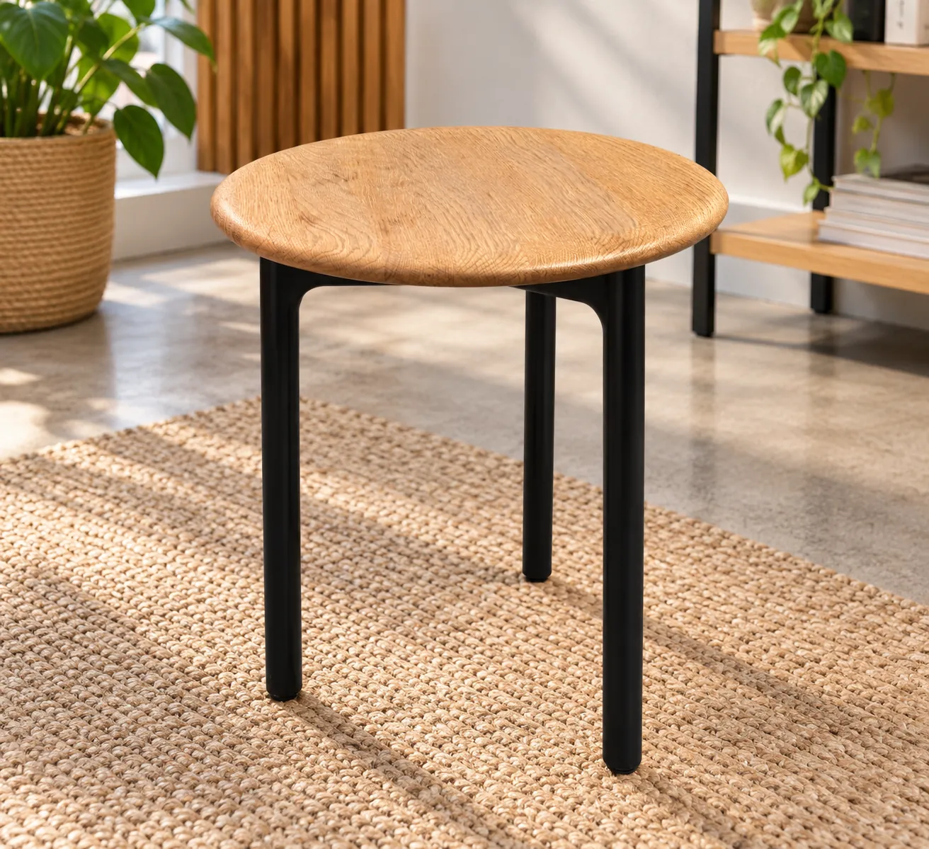 Petite table ronde en bois à 3 pieds noirs, utilisable comme tabouret, illustration de mise en situation