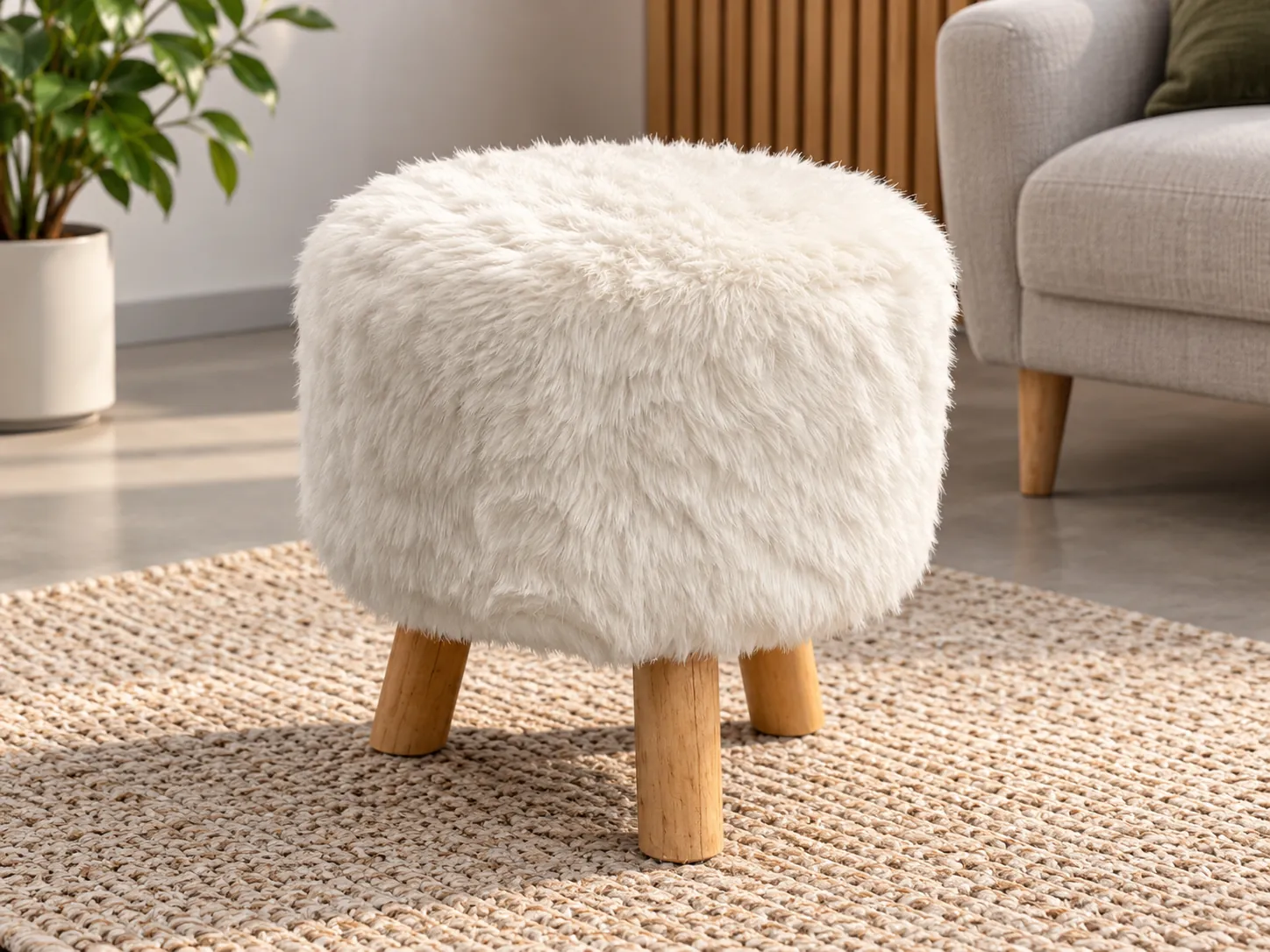 Pouf moumoute blanc en laine, siège d'appoint, 35 cm, illustration de mise en situation