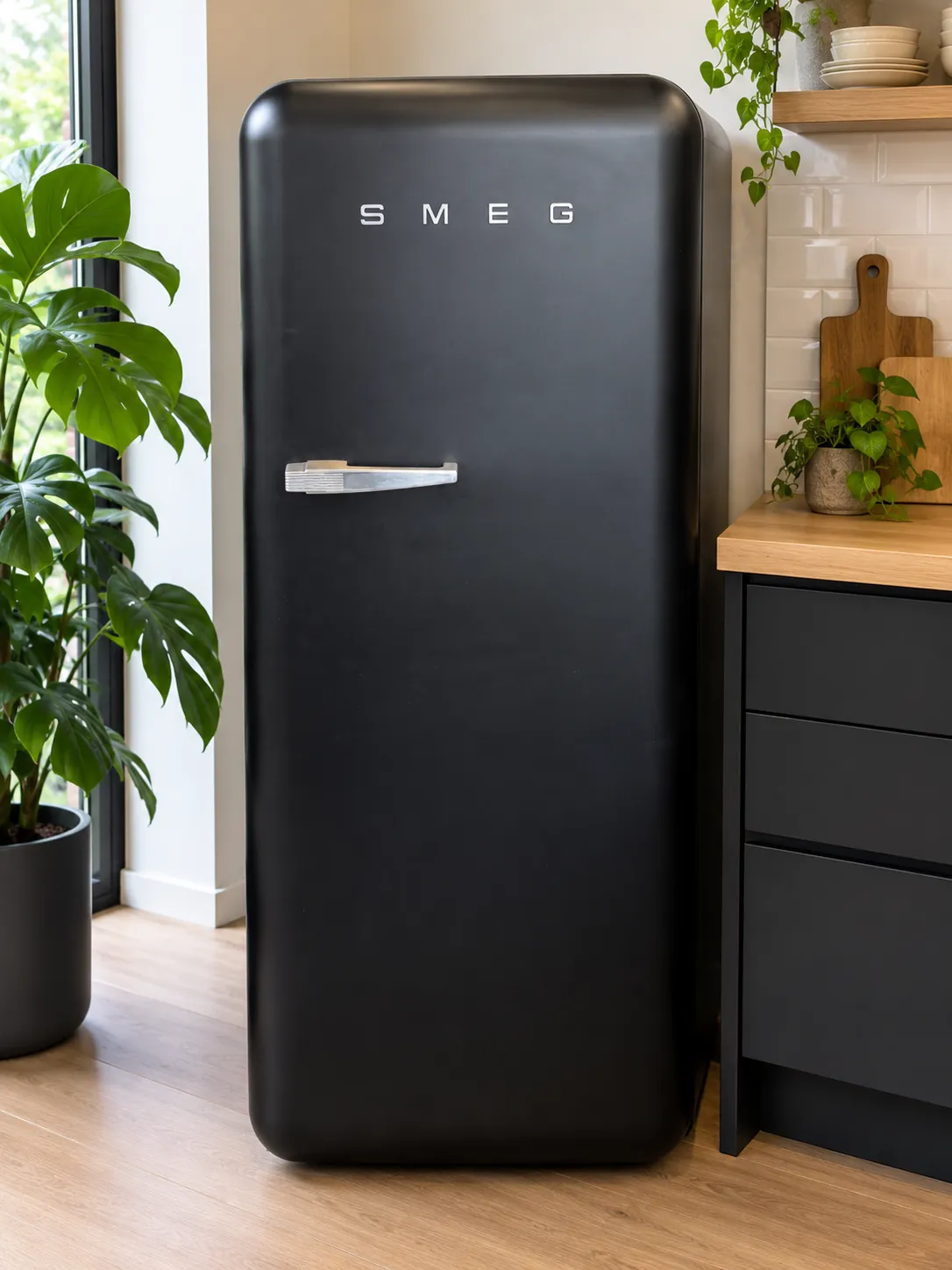 Réfrigérateur SMEG noir d'occasion, 67 x 60 x 150 cm, illustration de mise en situation