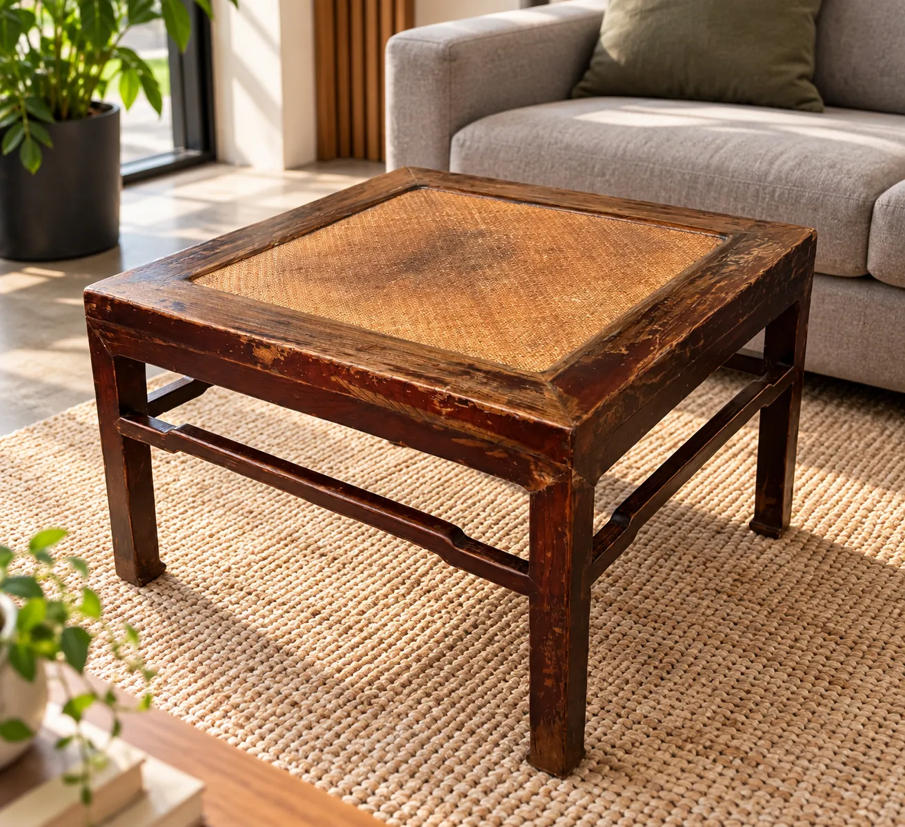 Table basse en bois avec osier, marron, table de salon, illustration de mise en situation