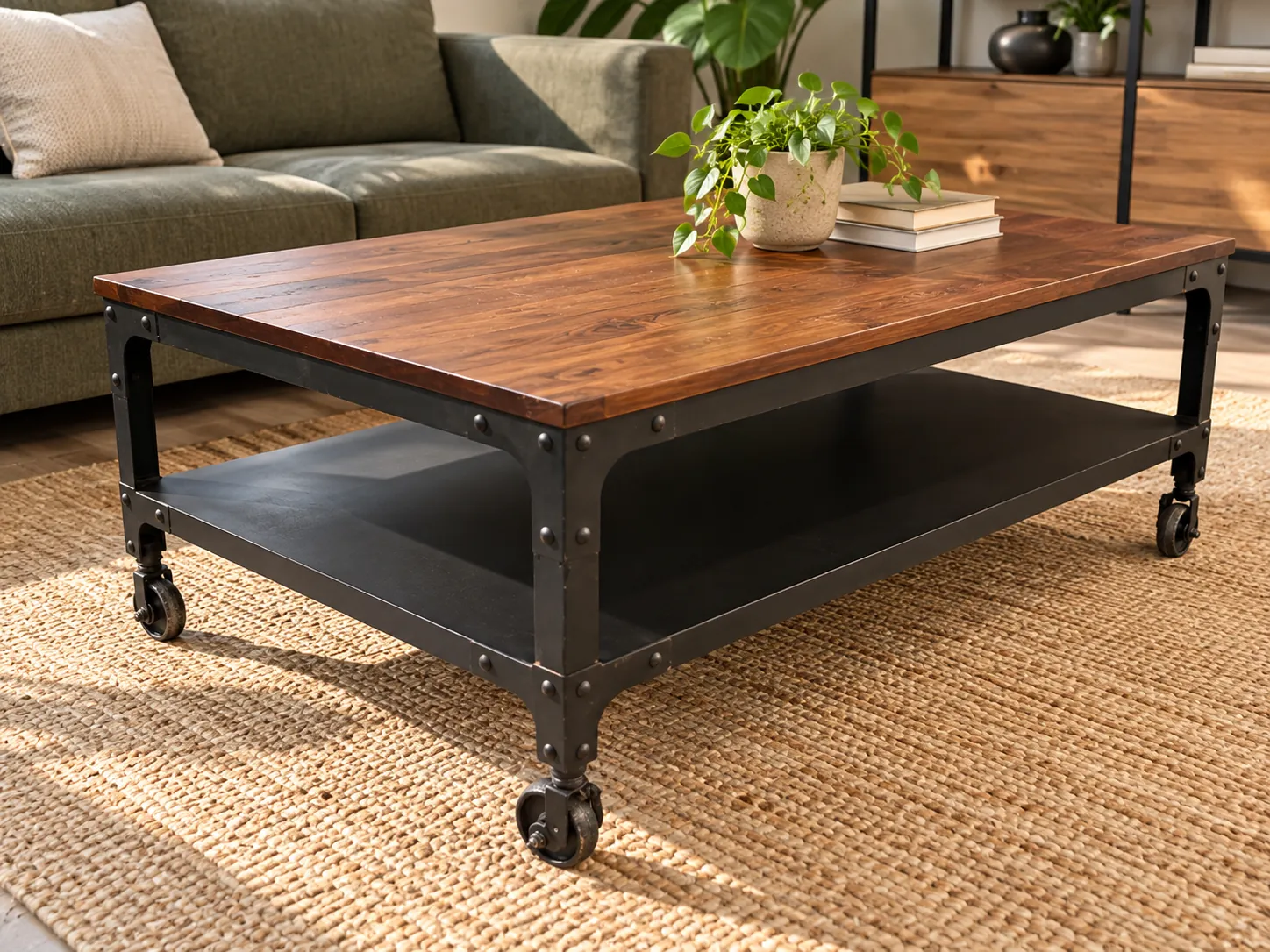Table basse à roulettes style industriel en bois et métal, illustration de mise en situation