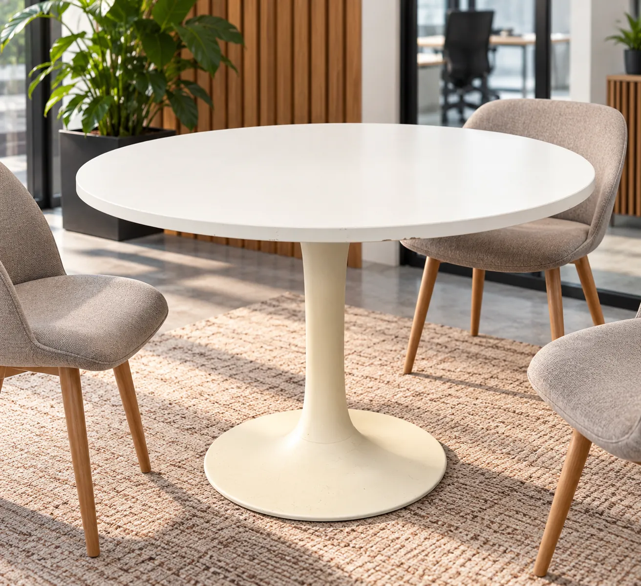 Table ronde blanche à pied jaune en mélaminé, 102,5 cm, illustration de mise en situation
