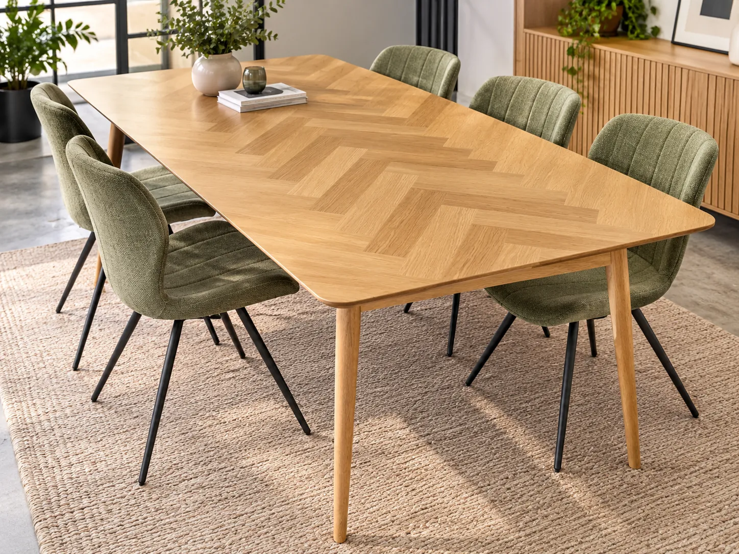 Table de salle à manger effet parquet en bois clair, illustration de mise en situation